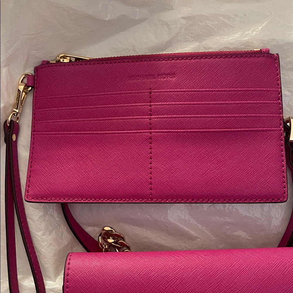 Michael Kors Leather Purse Crossbody Shoulder Strap Pink (Hot Rose) wristlet - Picture 3 of 10